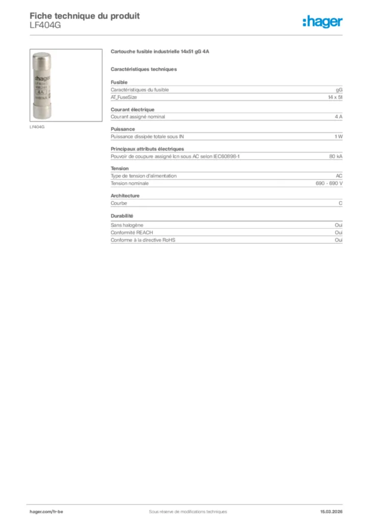 Image Hager Fiche technique du produit LF404G | Hager Belgique