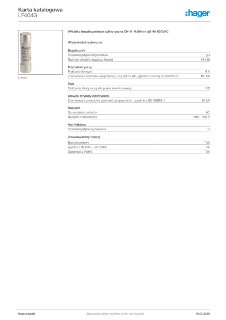 Zdjęcie Hager Karta katalogowa LF404G | Hager Polska