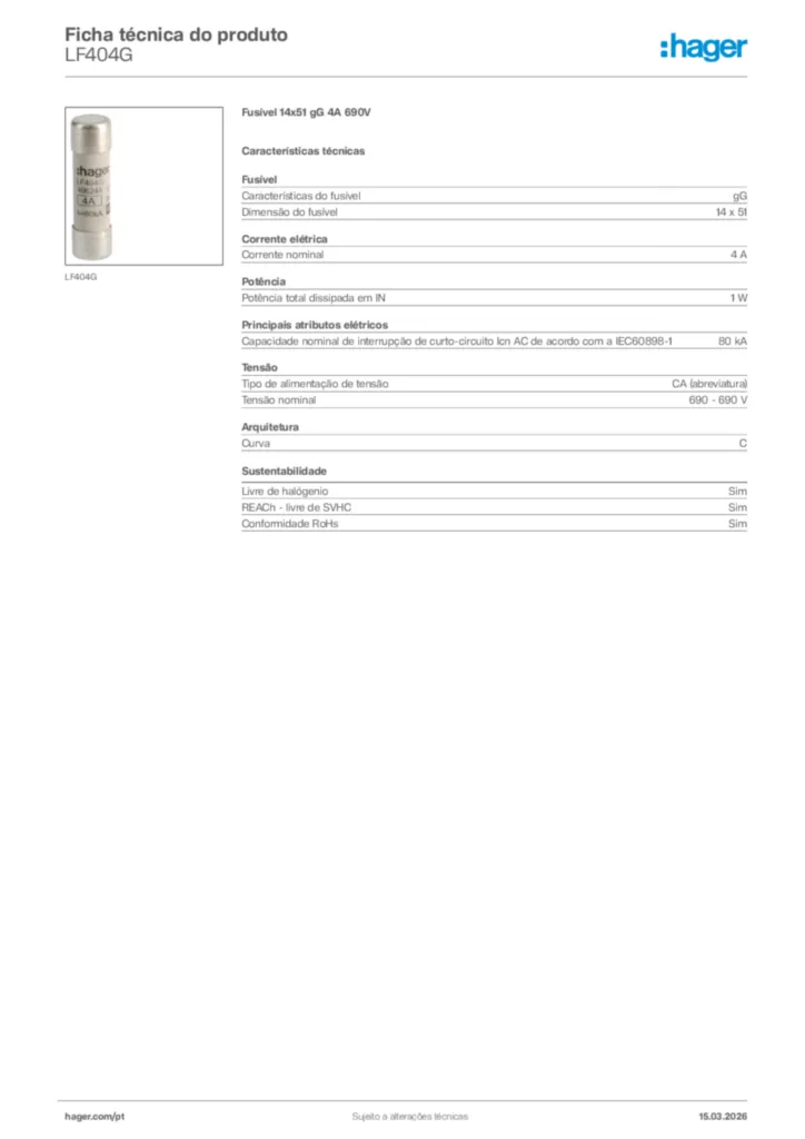 Imagem Hager Ficha técnica do produto LF404G | Hager Portugal