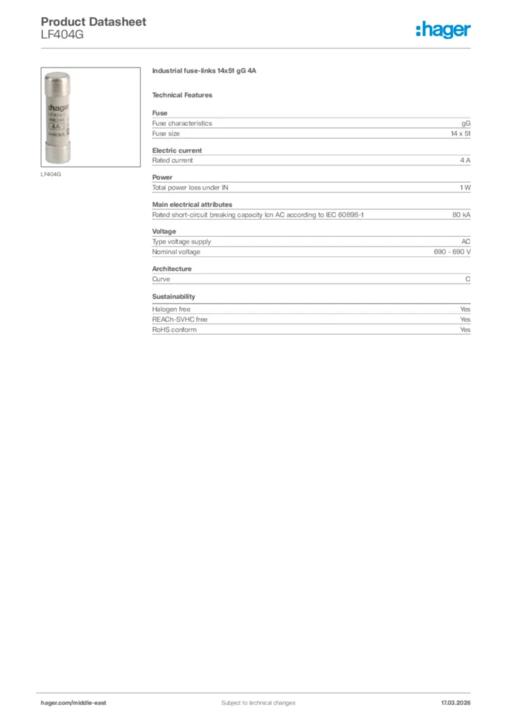 Image Hager Product data sheet LF404G  | Hager