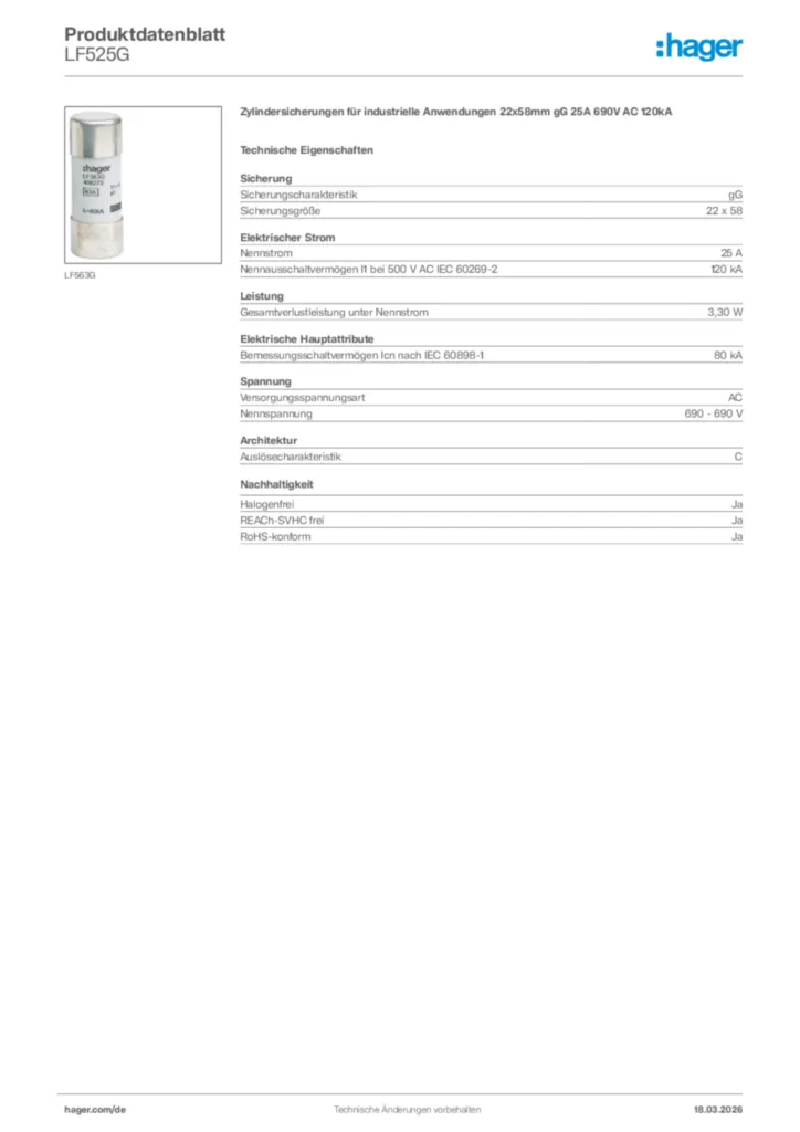 Bild Hager Produktdatenblatt LF525G | Hager Deutschland