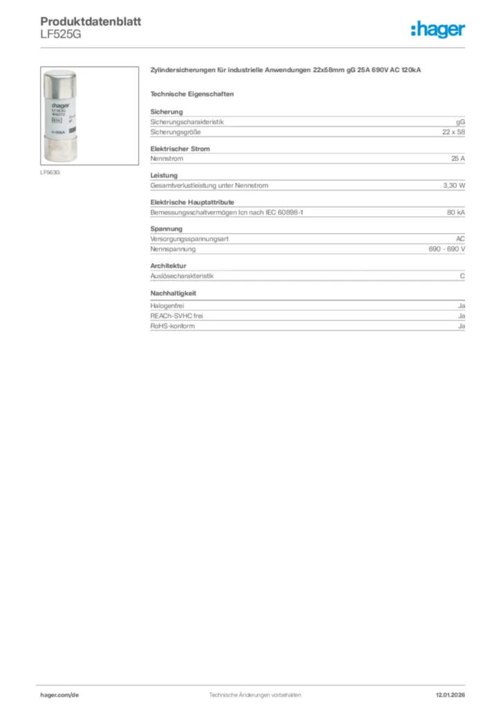 Bild Hager Produktdatenblatt LF525G | Hager Deutschland