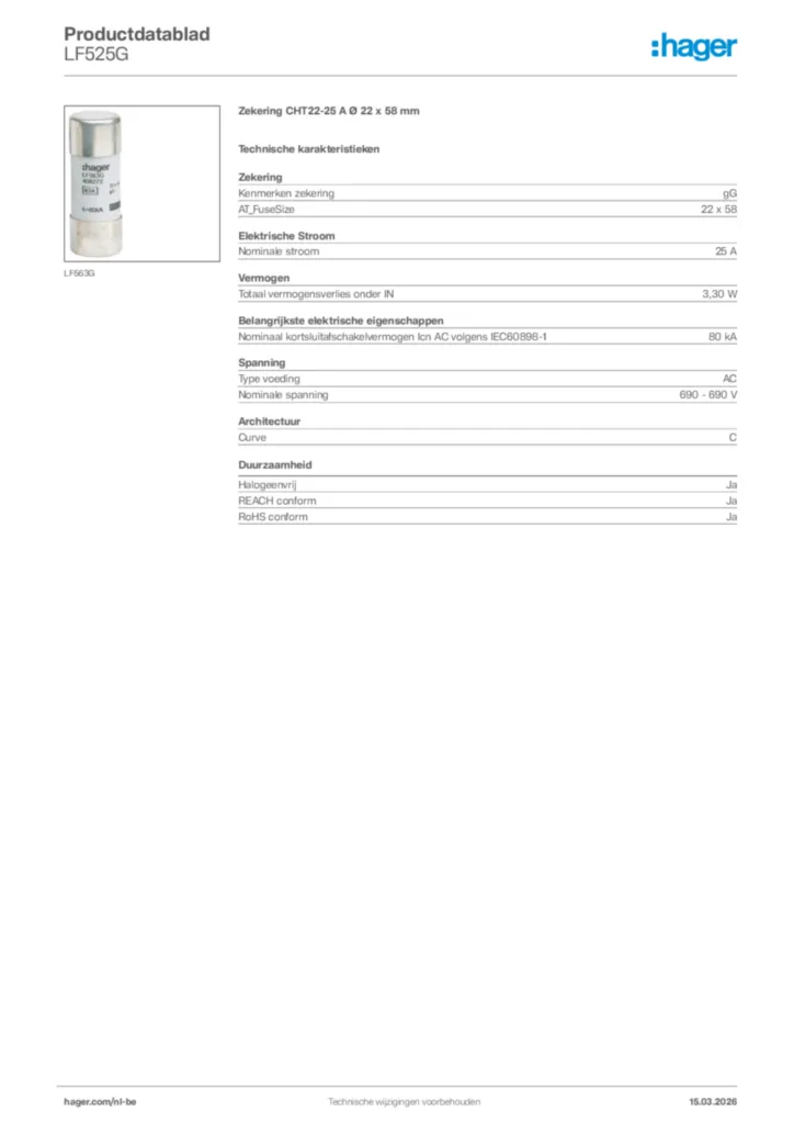 Afbeelding Hager Productdatablad LF525G | Hager Belgium