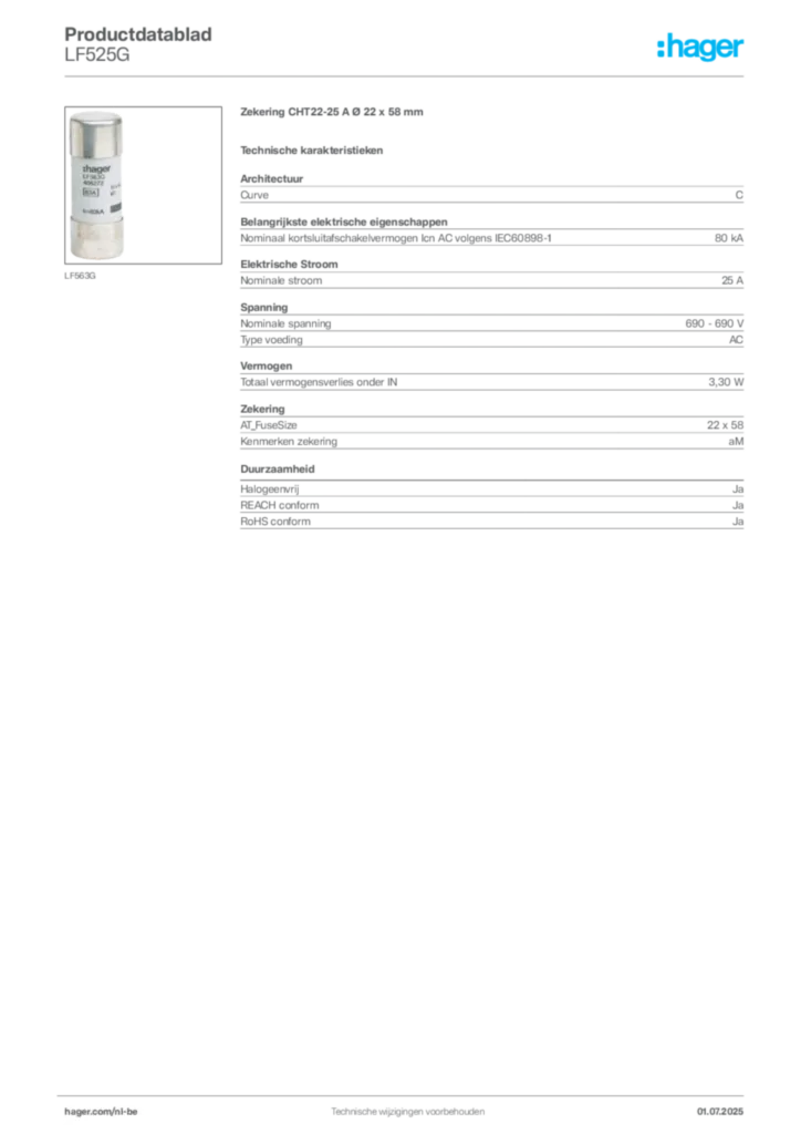 Afbeelding Hager Productdatablad LF525G | Hager Belgium