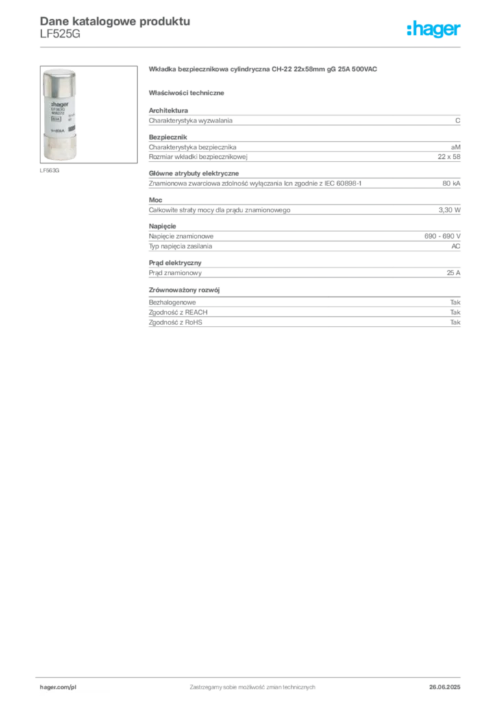 Zdjęcie Hager Dane katalogowe produktu LF525G | Hager Polska