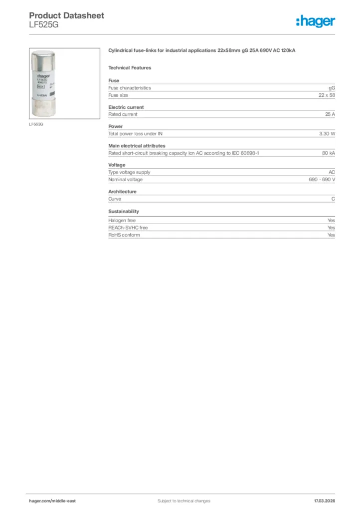 Image Hager Product data sheet LF525G  | Hager