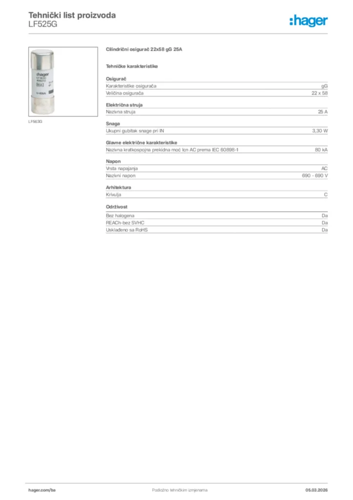 Slika Hager Tehnički list proizvoda LF525G  | Hager