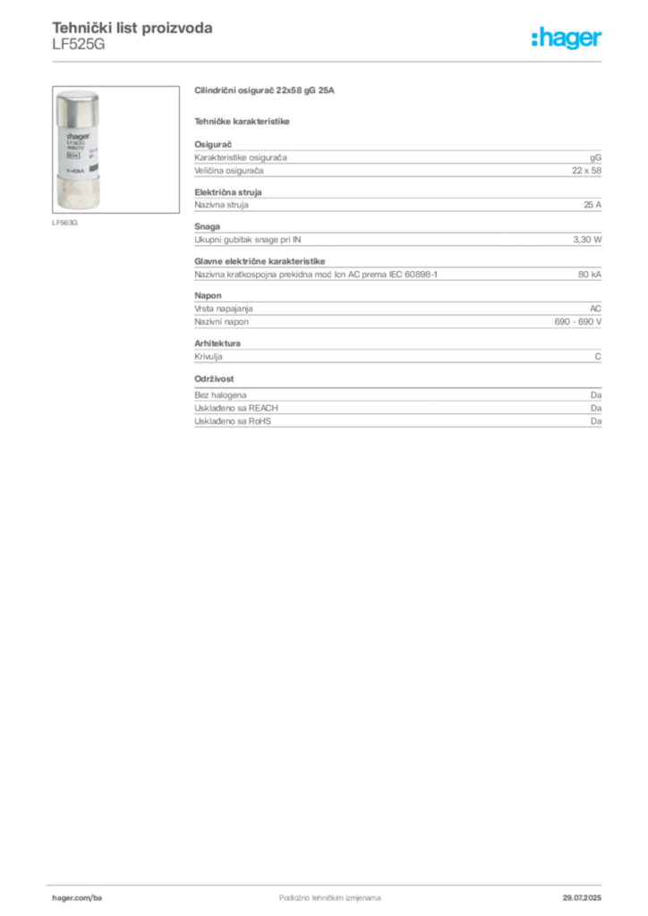 Slika Hager Product data sheet LF525G  | Hager