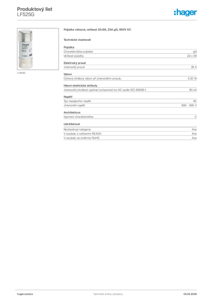 Obrázek Hager Product data sheet LF525G | Hager