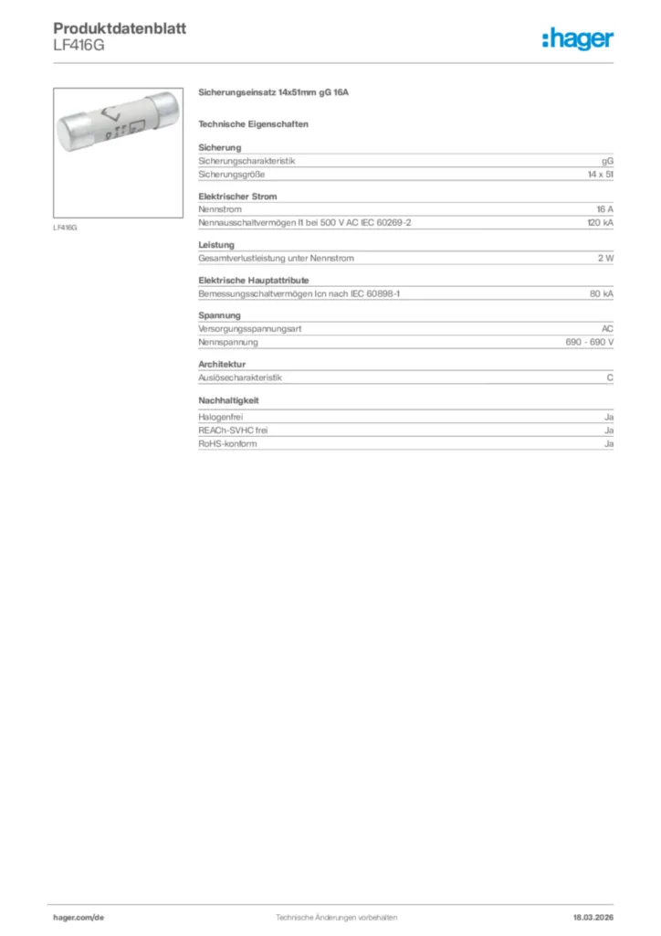 Bild Hager Produktdatenblatt LF416G | Hager Deutschland