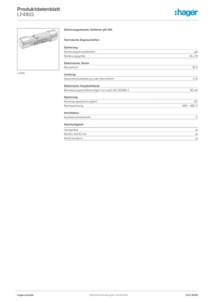 Bild Hager Produktdatenblatt LF416G | Hager Deutschland
