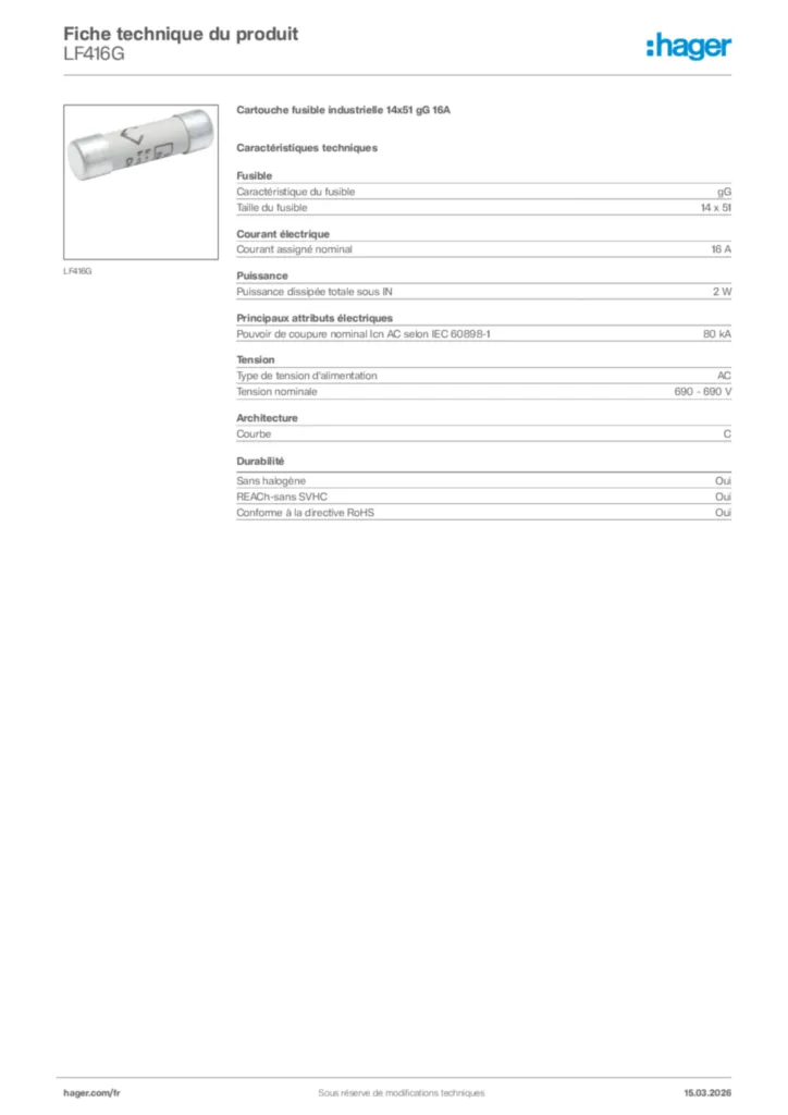 Image Hager Fiche technique du produit LF416G | Hager France