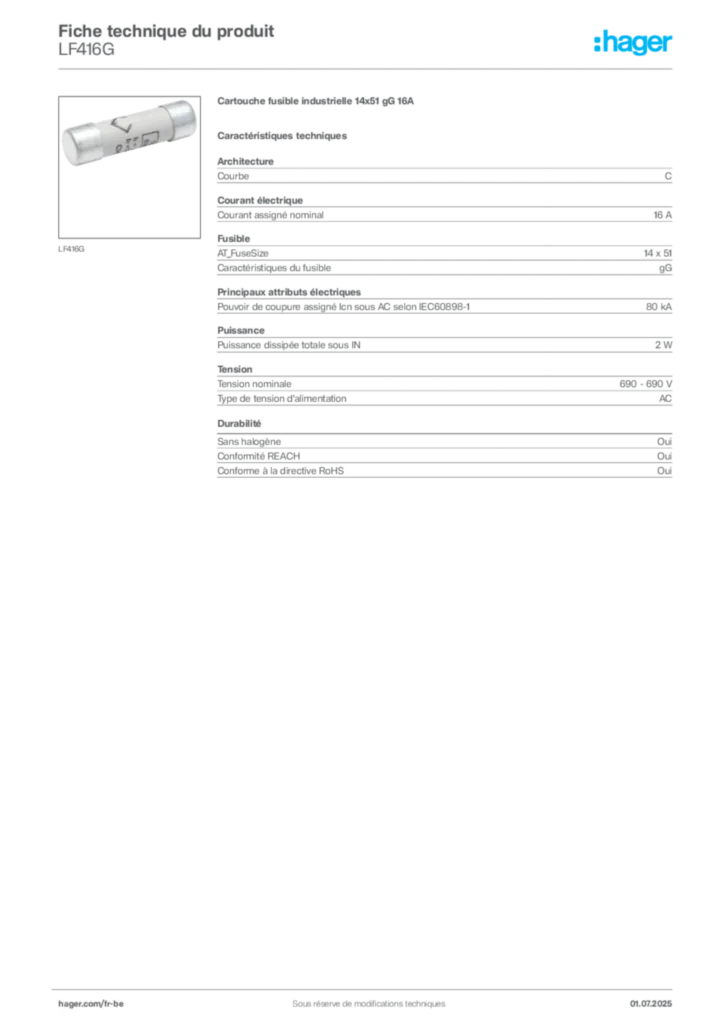 Image Hager Fiche technique du produit LF416G | Hager Belgique