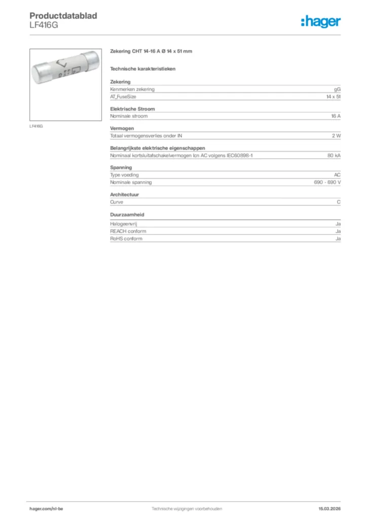 Afbeelding Hager Productdatablad LF416G | Hager Belgium