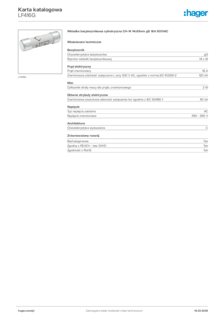 Zdjęcie Hager Karta katalogowa LF416G | Hager Polska