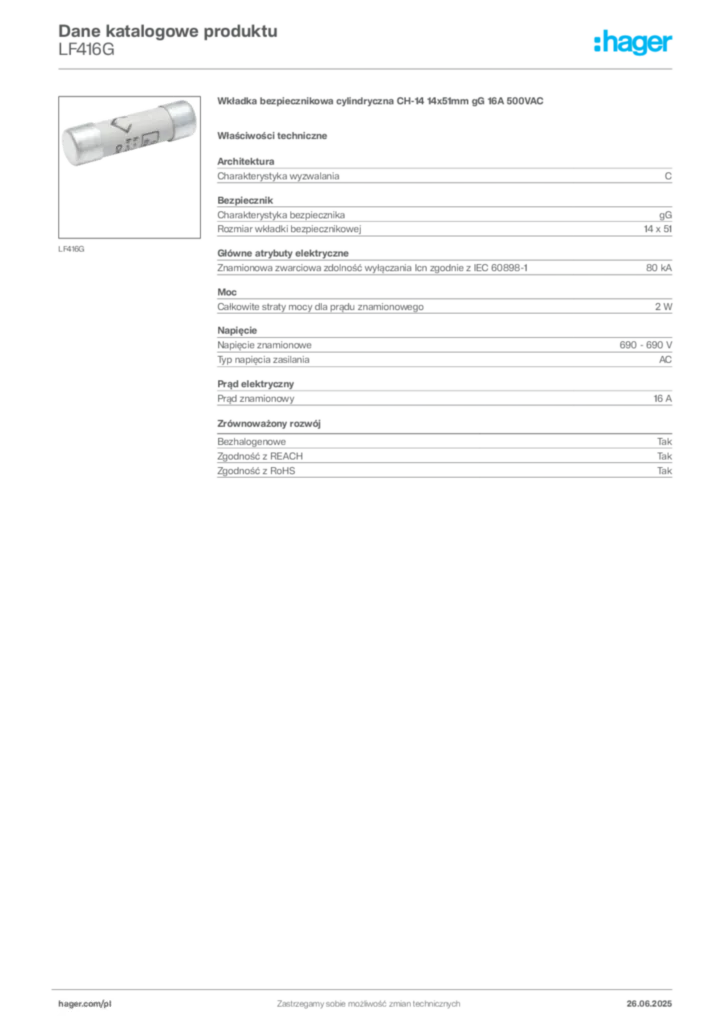 Zdjęcie Hager Dane katalogowe produktu LF416G | Hager Polska