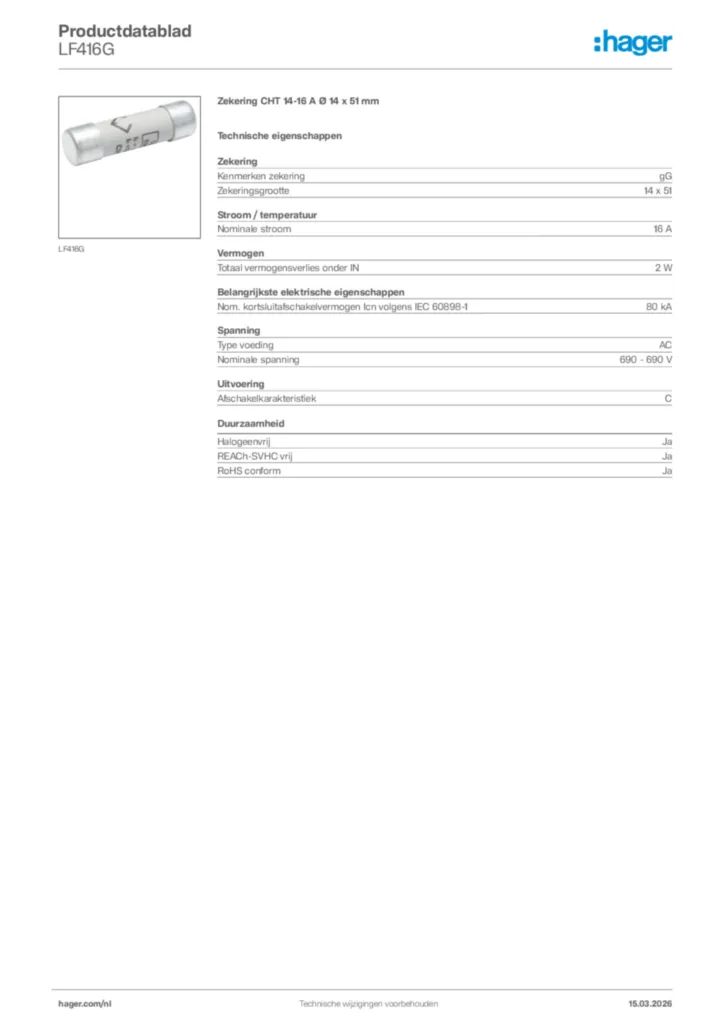 Afbeelding Hager Productdatablad LF416G | Hager Nederland