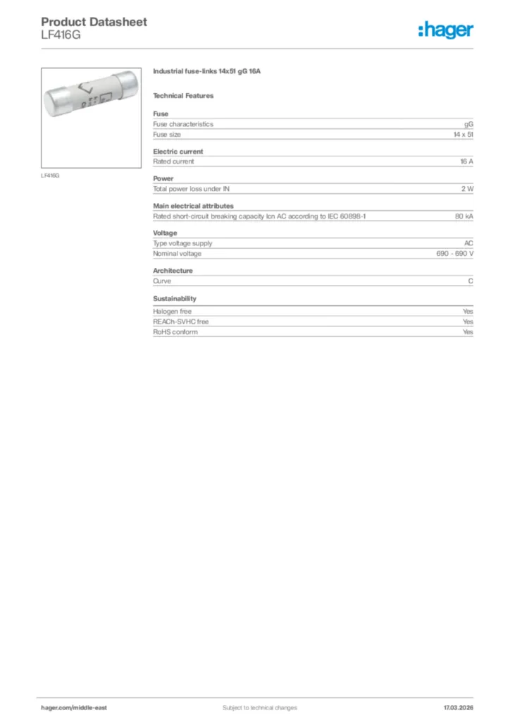 Image Hager Product data sheet LF416G  | Hager