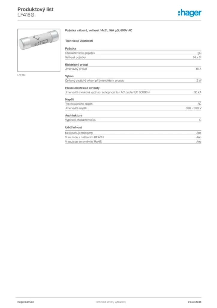 Obrázek Hager Product data sheet LF416G | Hager