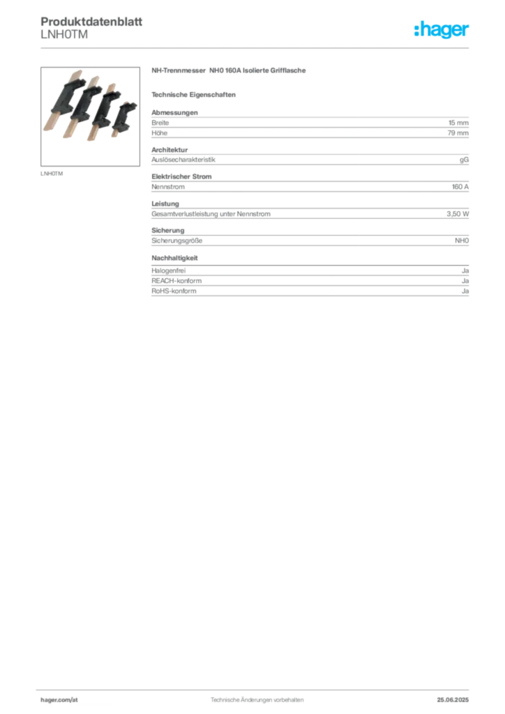 Bild Hager Produktdatenblatt LNH0TM | Hager Deutschland