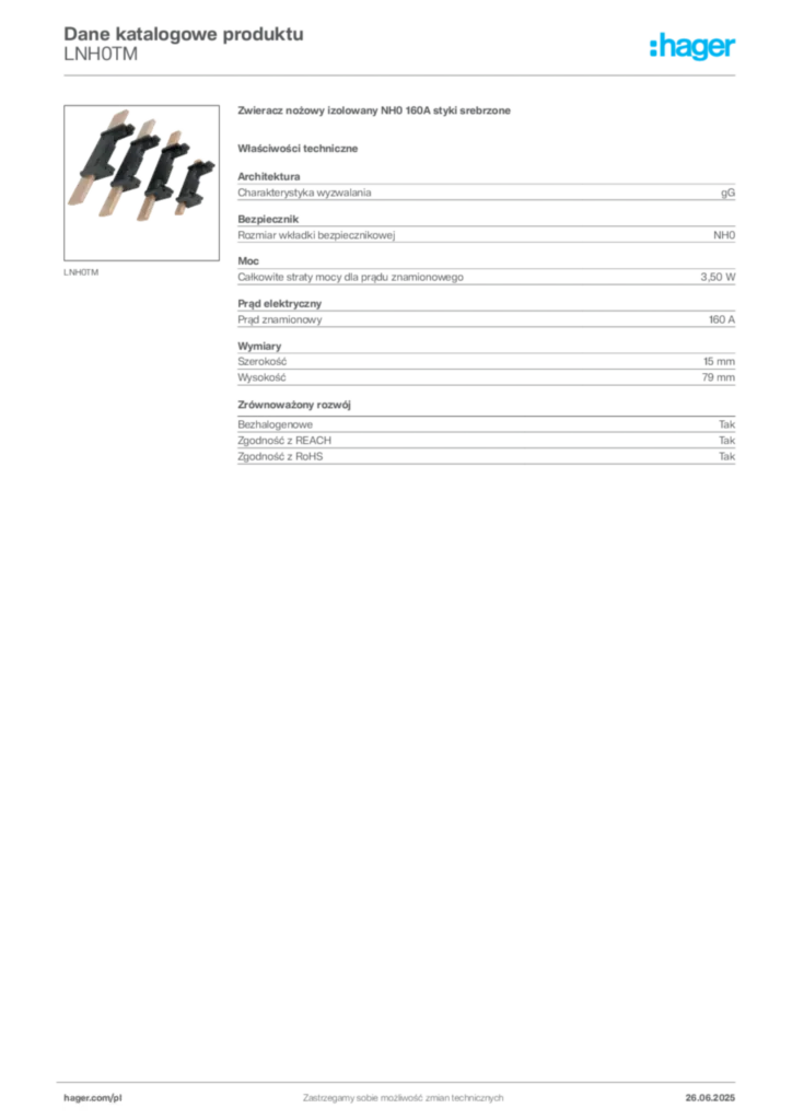 Zdjęcie Hager Dane katalogowe produktu LNH0TM | Hager Polska