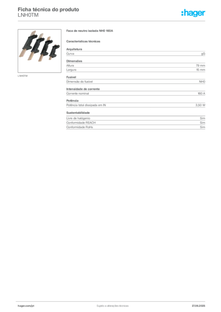Imagem Hager Ficha técnica do produto LNH0TM | Hager Portugal