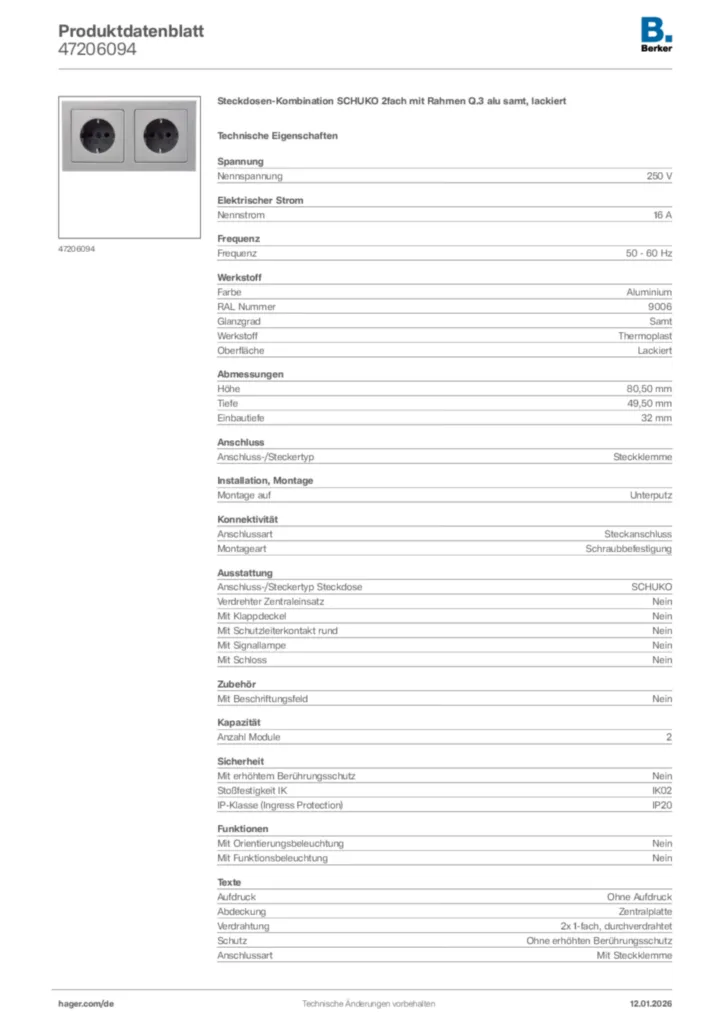 Bild Berker Produktdatenblatt 47206094 | Hager Deutschland