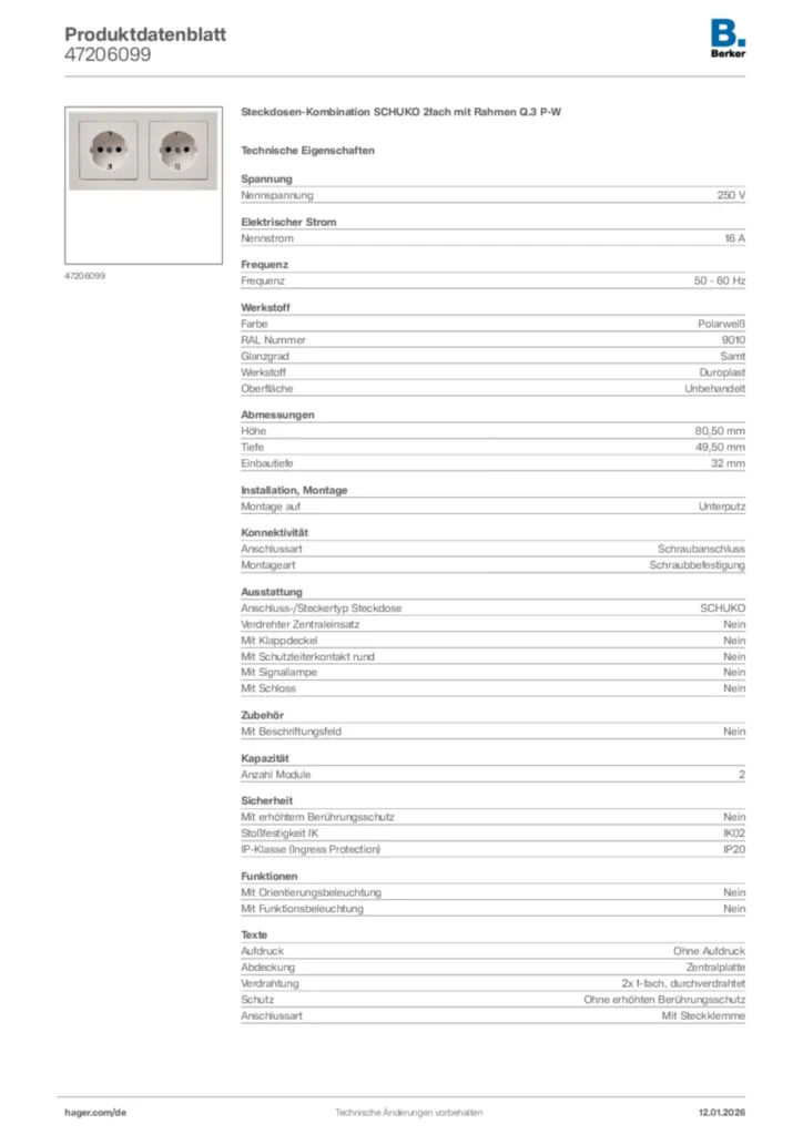 Bild Berker Produktdatenblatt 47206099 | Hager Deutschland