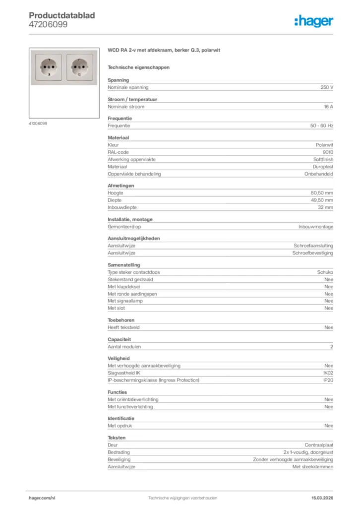Afbeelding Hager Productdatablad 47206099 | Hager Nederland