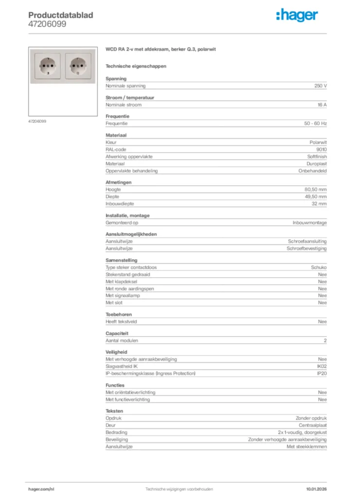 Afbeelding Hager Productdatablad 47206099 | Hager Nederland