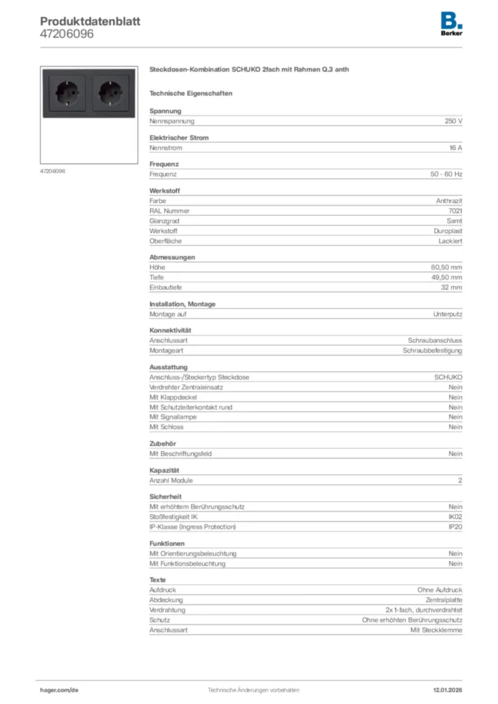 Bild Berker Produktdatenblatt 47206096 | Hager Deutschland