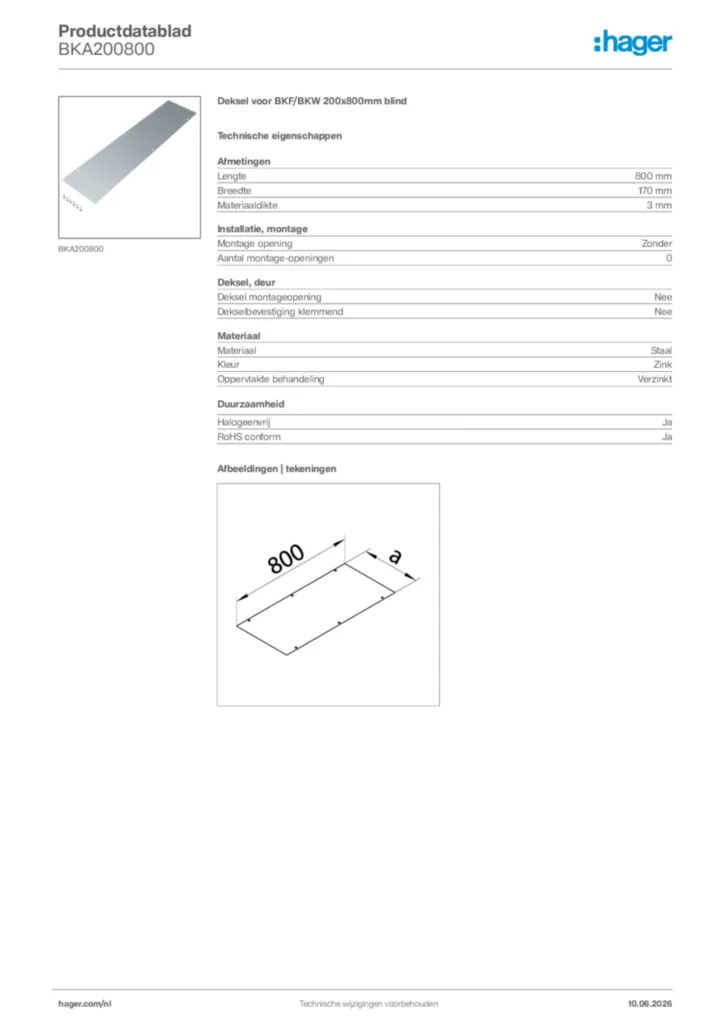 Afbeelding Hager Productdatablad BKA200800 | Hager Nederland