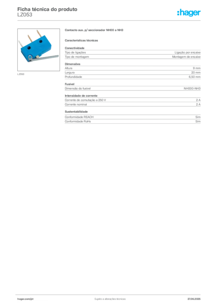 Imagem Hager Ficha técnica do produto LZ053 | Hager Portugal