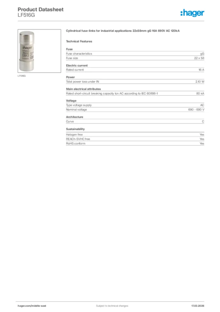 Image Hager Product data sheet LF516G  | Hager