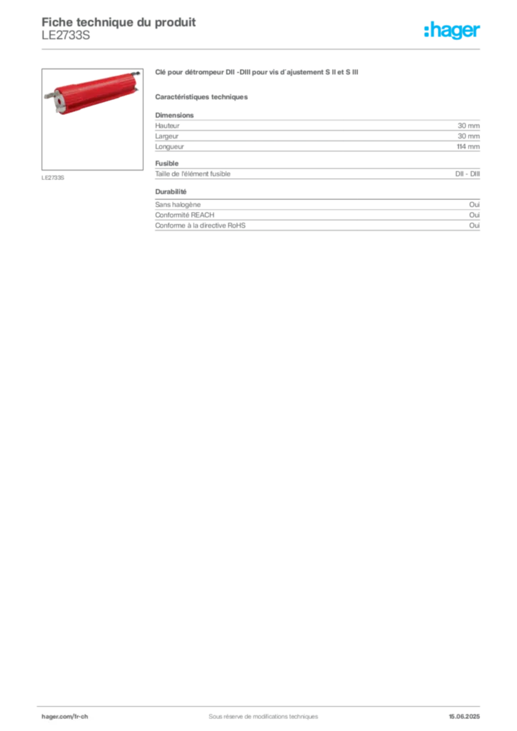 Image Hager Fiche technique du produit LE2733S | Hager Suisse