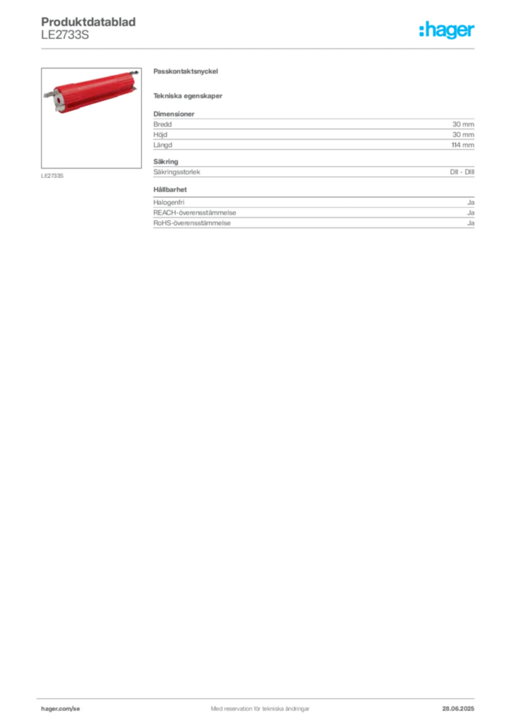 Bild Hager Produktdatablad LE2733S | Hager Sverige