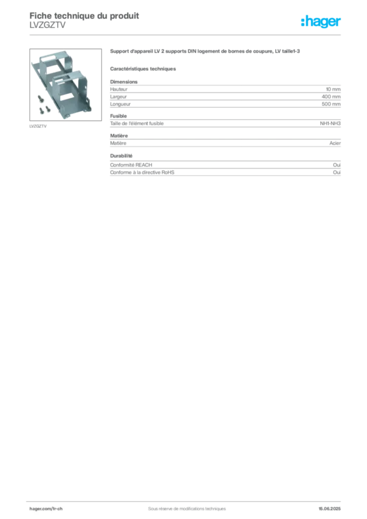 Image Hager Fiche technique du produit LVZGZTV | Hager Suisse