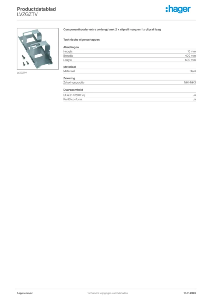 Afbeelding Hager Productdatablad LVZGZTV | Hager Nederland