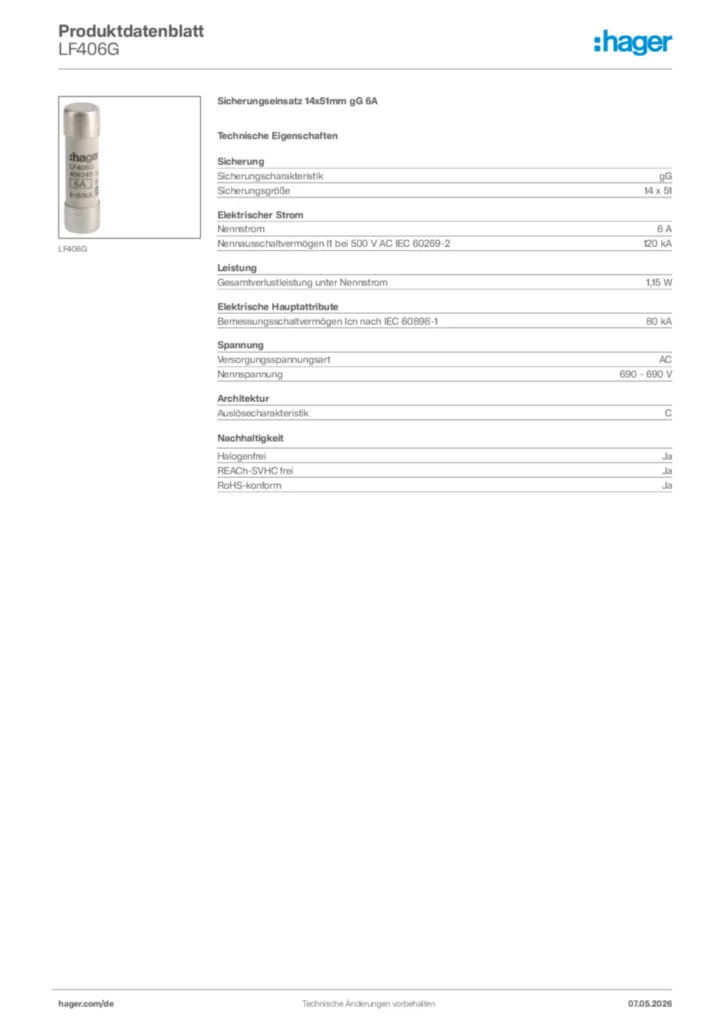 Bild Hager Produktdatenblatt LF406G | Hager Deutschland