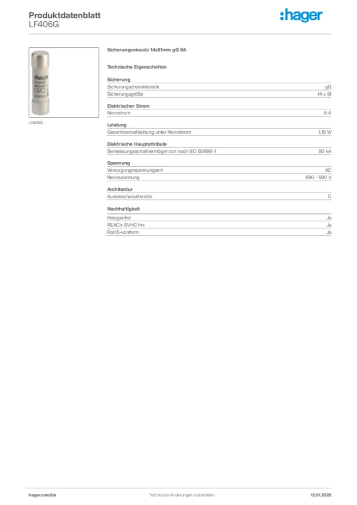 Bild Hager Produktdatenblatt LF406G | Hager Deutschland