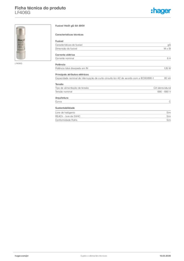 Imagem Hager Ficha técnica do produto LF406G | Hager Portugal