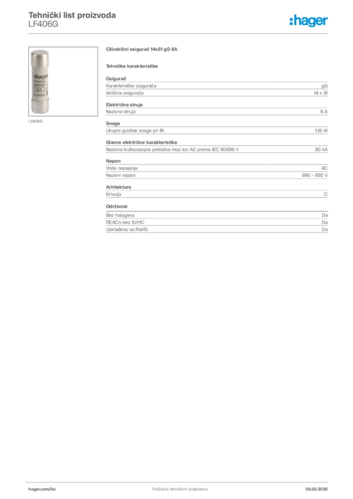 Slika Hager Tehnički list proizvoda LF406G  | Hager