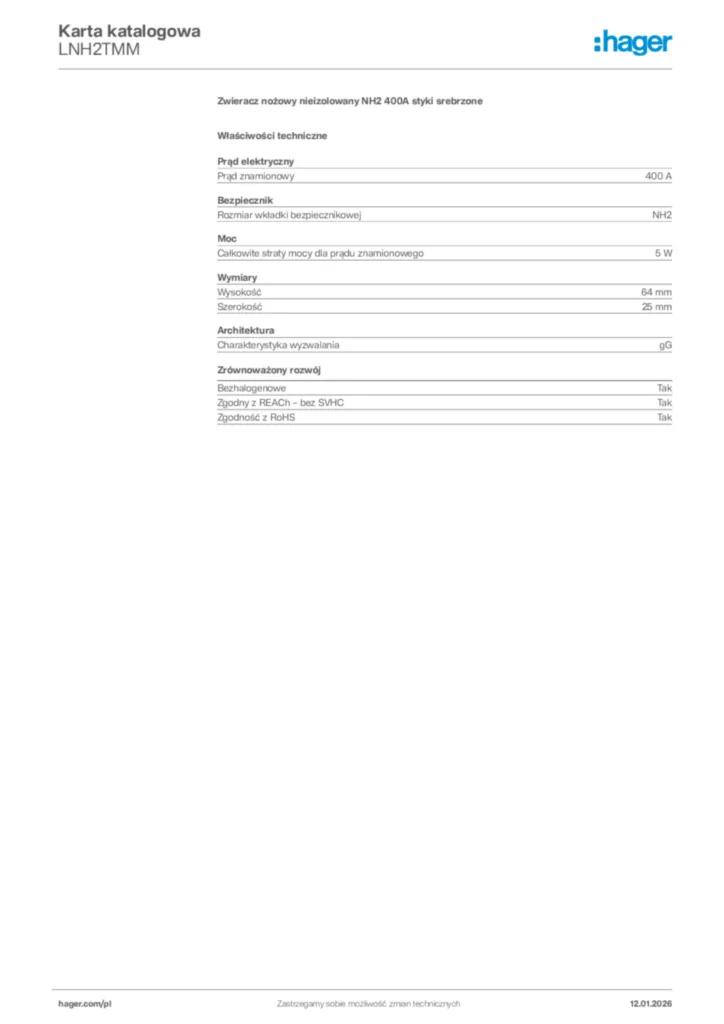 Zdjęcie Hager Karta katalogowa LNH2TMM | Hager Polska