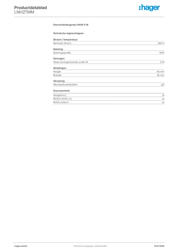 Afbeelding Hager Productdatablad LNH2TMM | Hager Nederland