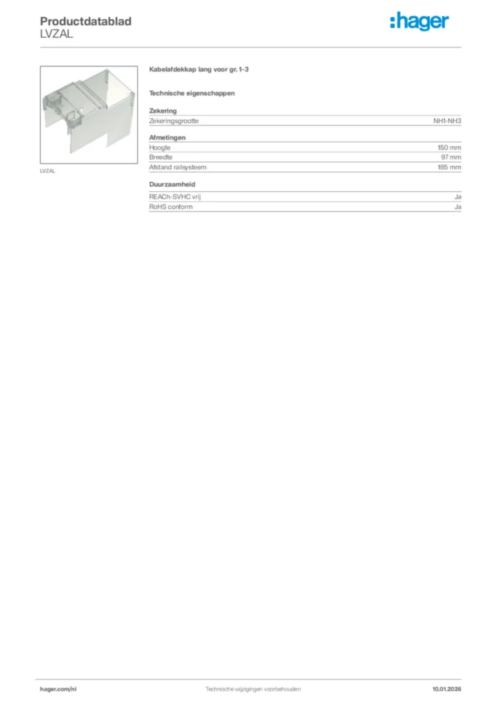 Afbeelding Hager Productdatablad LVZAL | Hager Nederland