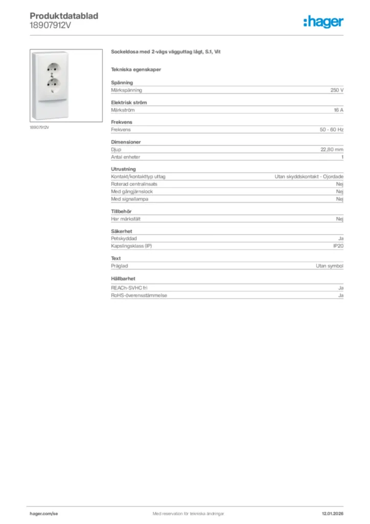 Bild Hager Produktdatablad 18907912V | Hager Sverige