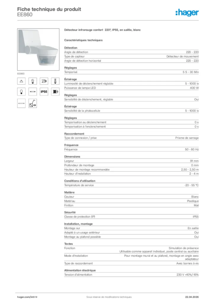 Image Hager Fiche technique du produit EE860 | Hager Afrique