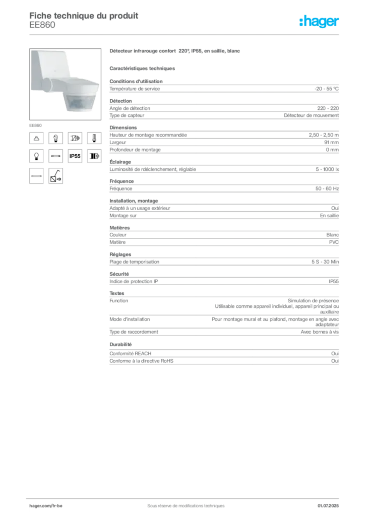 Image Hager Fiche technique du produit EE860 | Hager Belgique