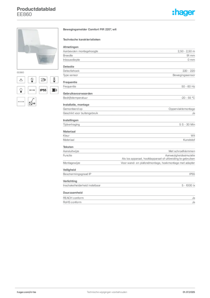 Afbeelding Hager Productdatablad EE860 | Hager Belgium