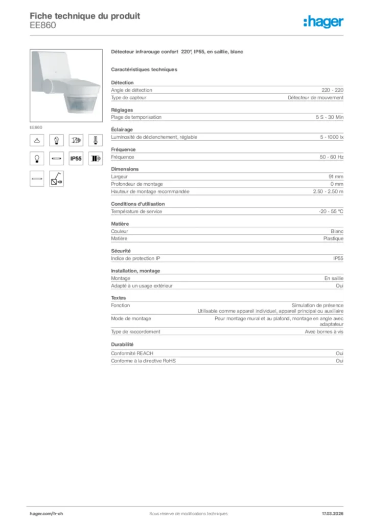 Image Hager Fiche technique du produit EE860 | Hager Suisse